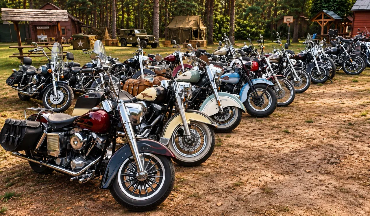 Rząd Harleyów ustawionych na zlocie klubowym